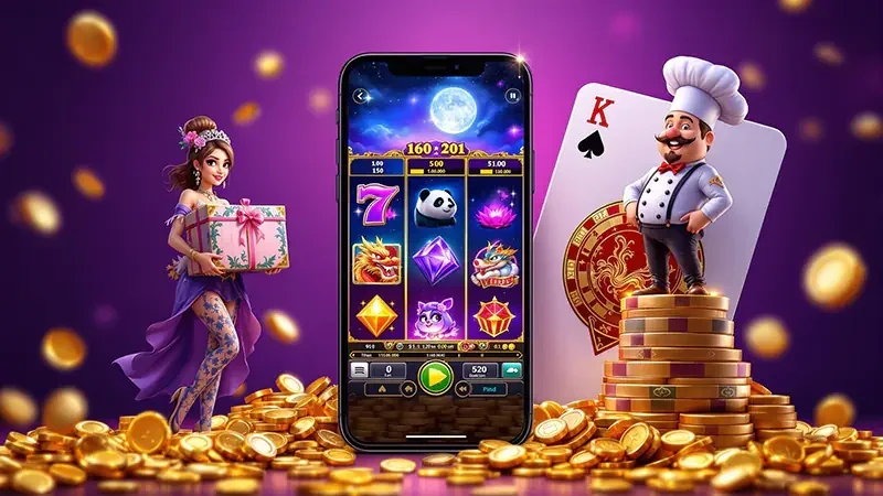 Tampilan slot mobile dengan reel, tombol putar, dan panel permainan
